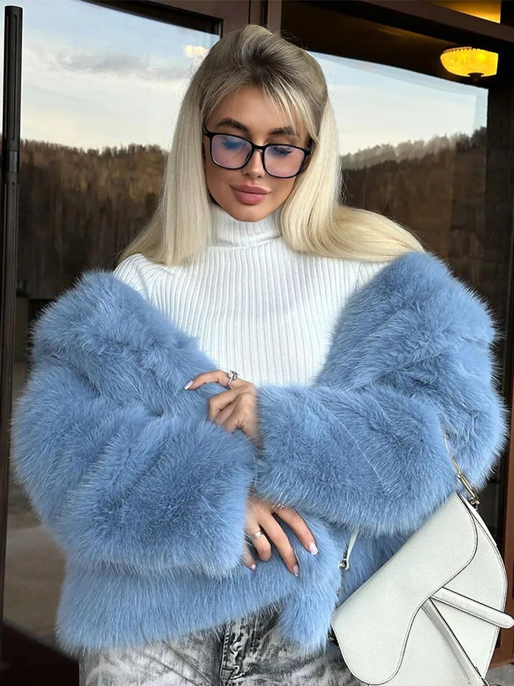 Women Blue Lapel Furry Faux Fur Fasion Winter Warm Button Long Sleeve Jacket Coat Female Casual Chic High Street Outwear