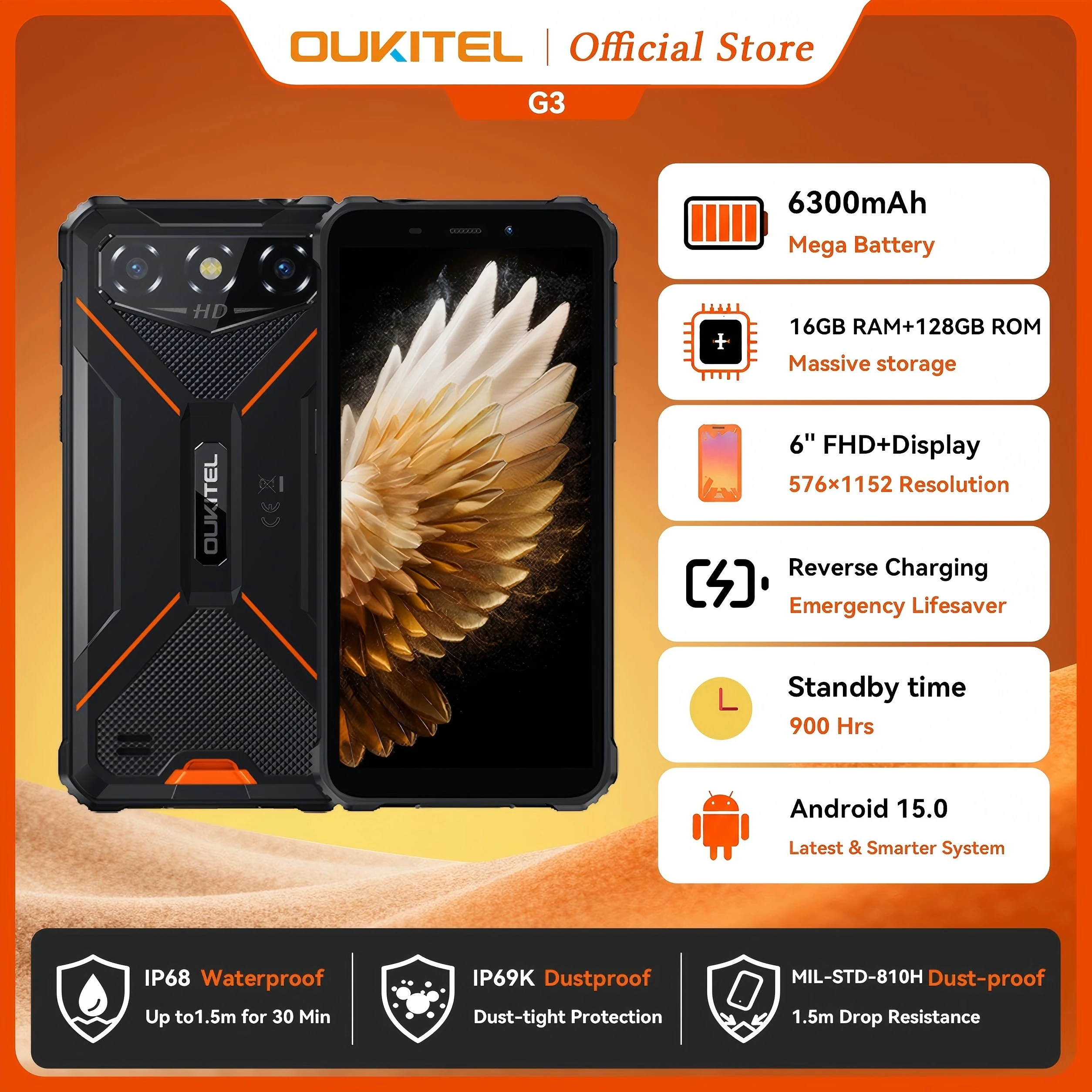 OUKITEL G3 Rugged Phone Android 15, 16(4+12)GB+128GB , 6300mAh Battery, IP68 IP69K Waterproof martphone, 6