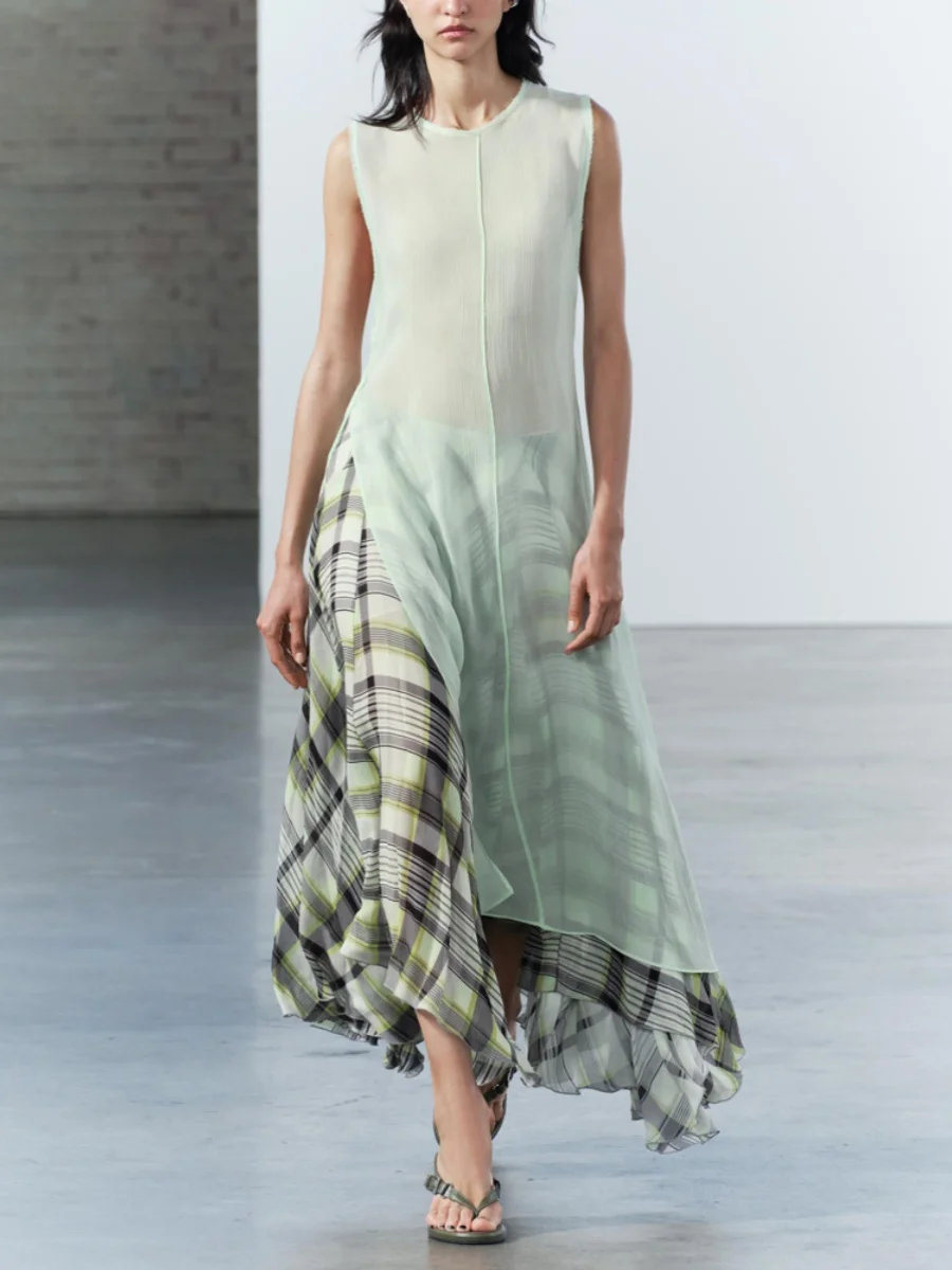 新しい夏の女性のラウンドネックノースリーブドレープオープンデザインロングシャツスタイルトップエレガントカジュアルファッションレディースドレス