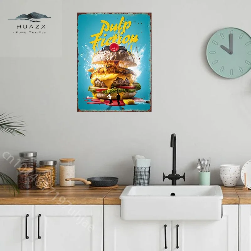 Hamburger Pizza Poster Pattern Metal Signs Food Painting Wall Aesthetical Decoration for Restaurant Tin Sign Decorative Plaques