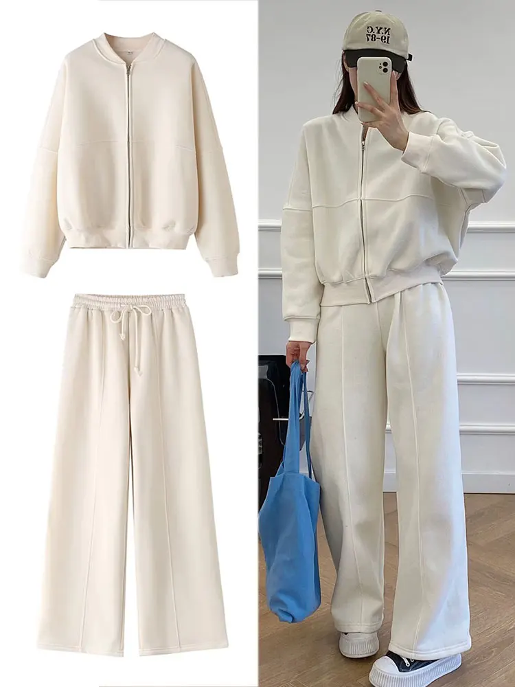 

HH Women Solid Pant Sets Zipper Long Sleeve Coat Bomber Jacket Drawstring Trousers Autumn Winter Casual Office Lady Suits