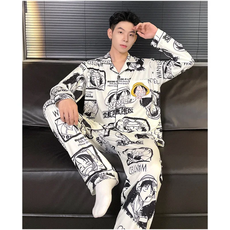 ONE PIECE Luffy autumn pure cotton cartoon long-sleeved trousers casual men\'s pajamas two-piece loungewear silk pajamas men