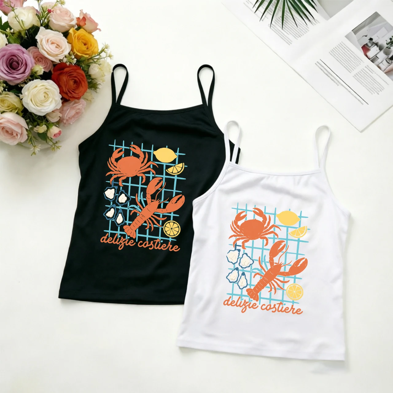 Lobster Graphic Camisole Women Summer Top Sleeveless Crop Tank White Black Seafood Crab Print Beach Vacation Outfit Y2K