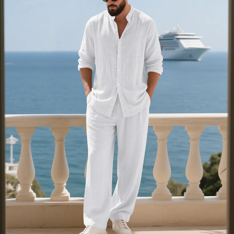 2025 Spring and Autumn Linen Loose Men's Suit Breathable Simple Henley Shirt Long Sleeve Home Beach Long Pants Suit for Men