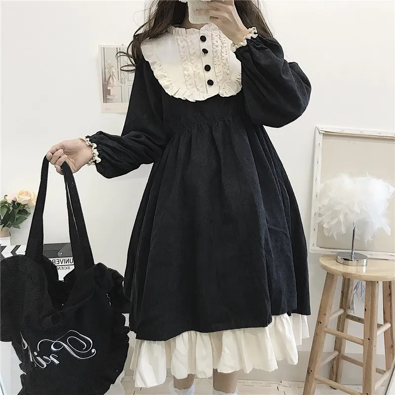 Japanese Lolita Style Women\'S Dresses Spring Autumn O-Neck High Waist Slimming Contrast-Color Ruffled Sweet Dress Kawaii Clothes