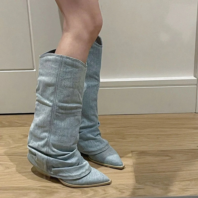 Pleats Blue Denim Thigh High Boots for Women 2024 Spring Thick Heeled Pointed Toe Cowboy Boots Woman Slip On Western Long Boots