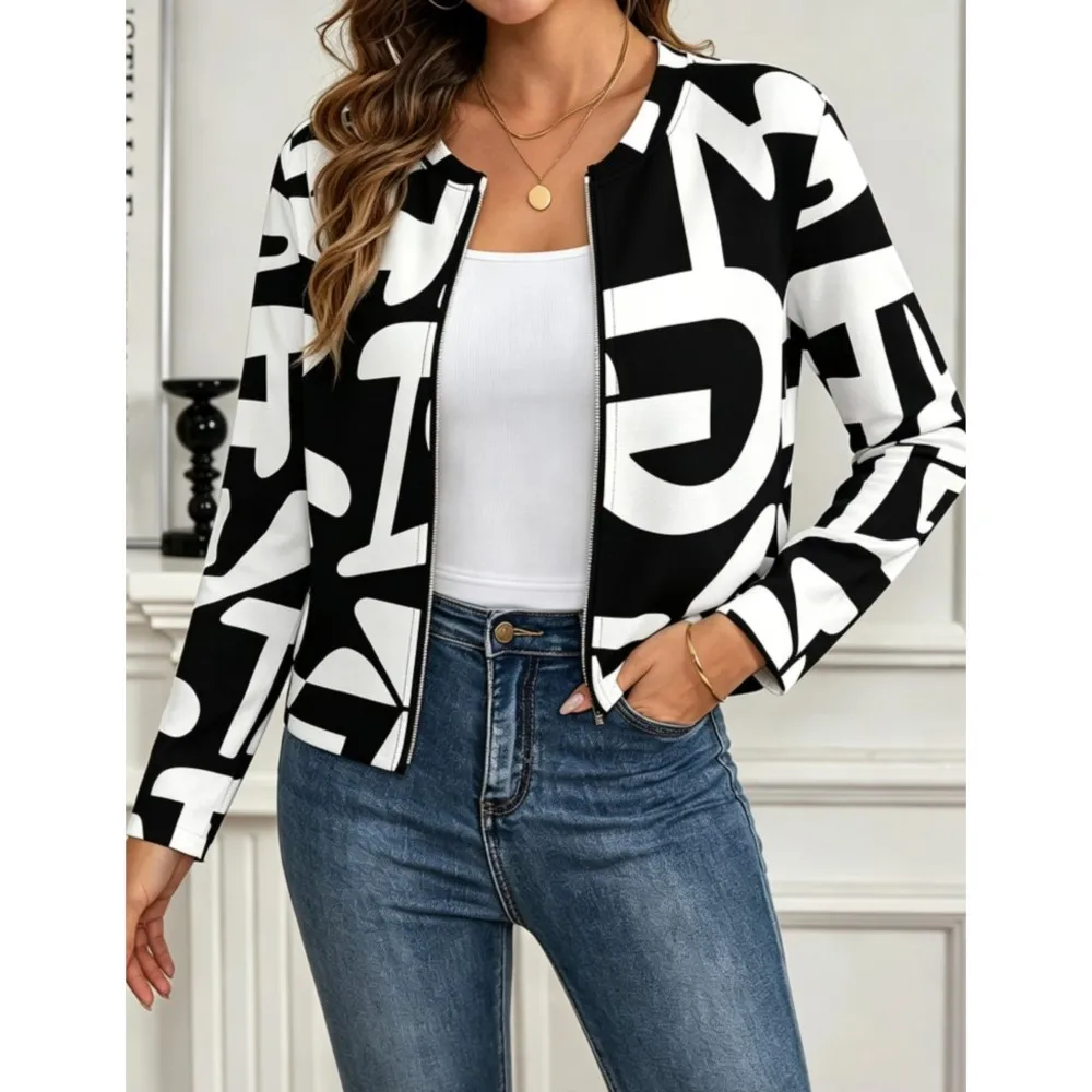 Fall New Printed Casual O Neck Long Sleeved Cardigan Women Short Fashion SIim Simple Elegant Suitable Office Blazer Female Coat 3