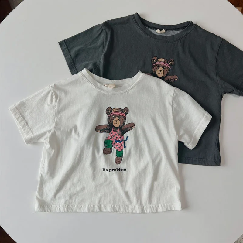 

2023 Summer New Baby Short Sleeve T Shirts Cute Cartoon Bear Print Toddler Tops Cotton Infant Loose Casual T Shirt Children Tee