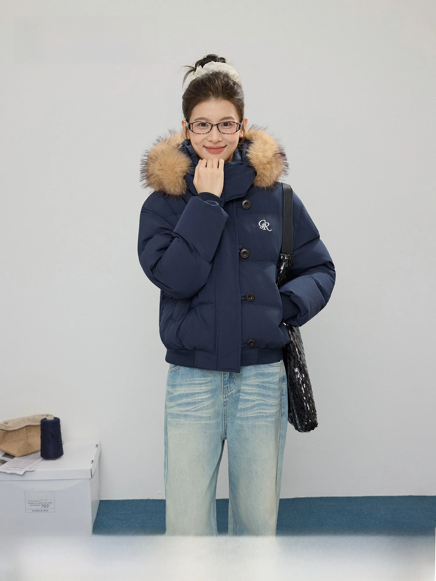 

Warm Hooded Cotton Jaet Women's Detachable Fur Collar Coat Faionable Winter Outerwear Commute Sle Straight Cut pe