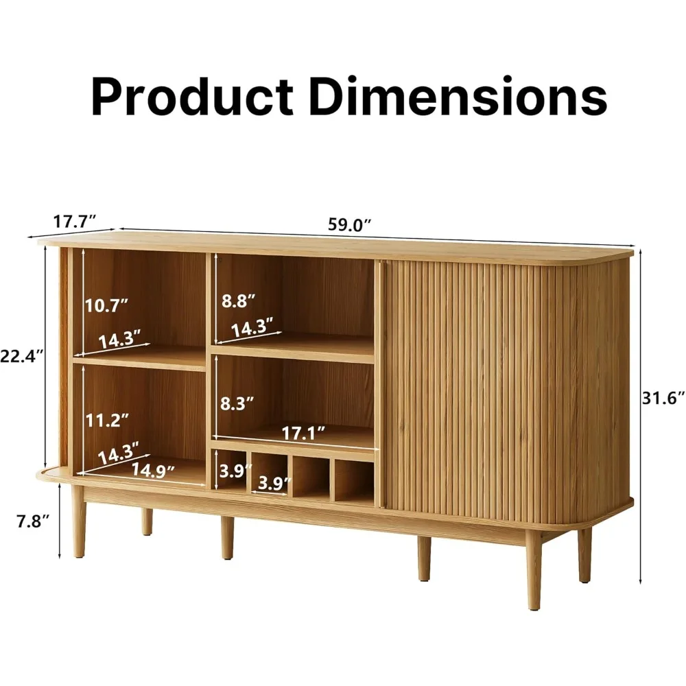 Barra de café "59" con puertas de pandereta estriadas - Gabinete de almacenamiento con estante de 4 vinos para sala de estar y cocina"