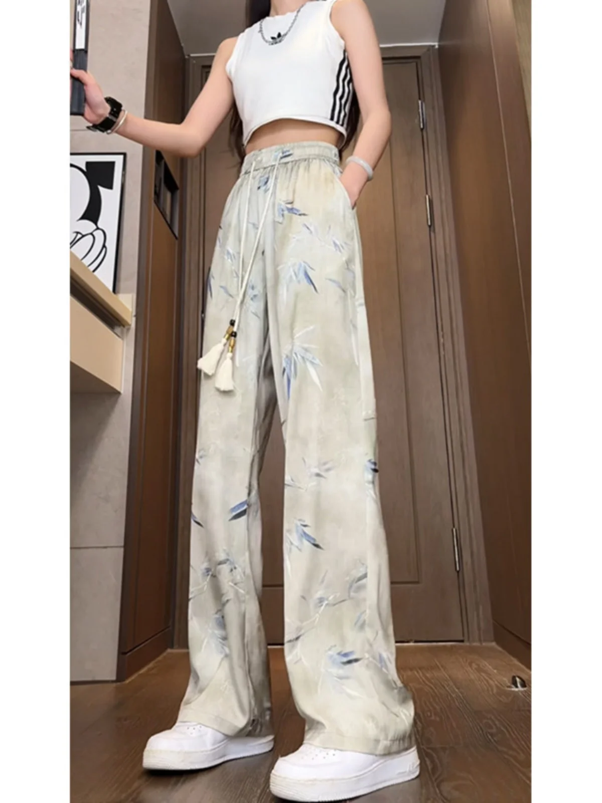 

Летние мужские повседневные брюки свободного кроя из бамбука с принтом Le, прямые модные широкие брюки, модные свободные удобные брюки