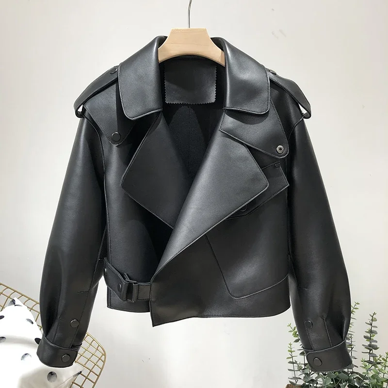 Kurtka skórzana damska ze skóry naturalnej, skóra owcza, luźny krój, casual, nowa kolekcja wiosna-jesień 2025.