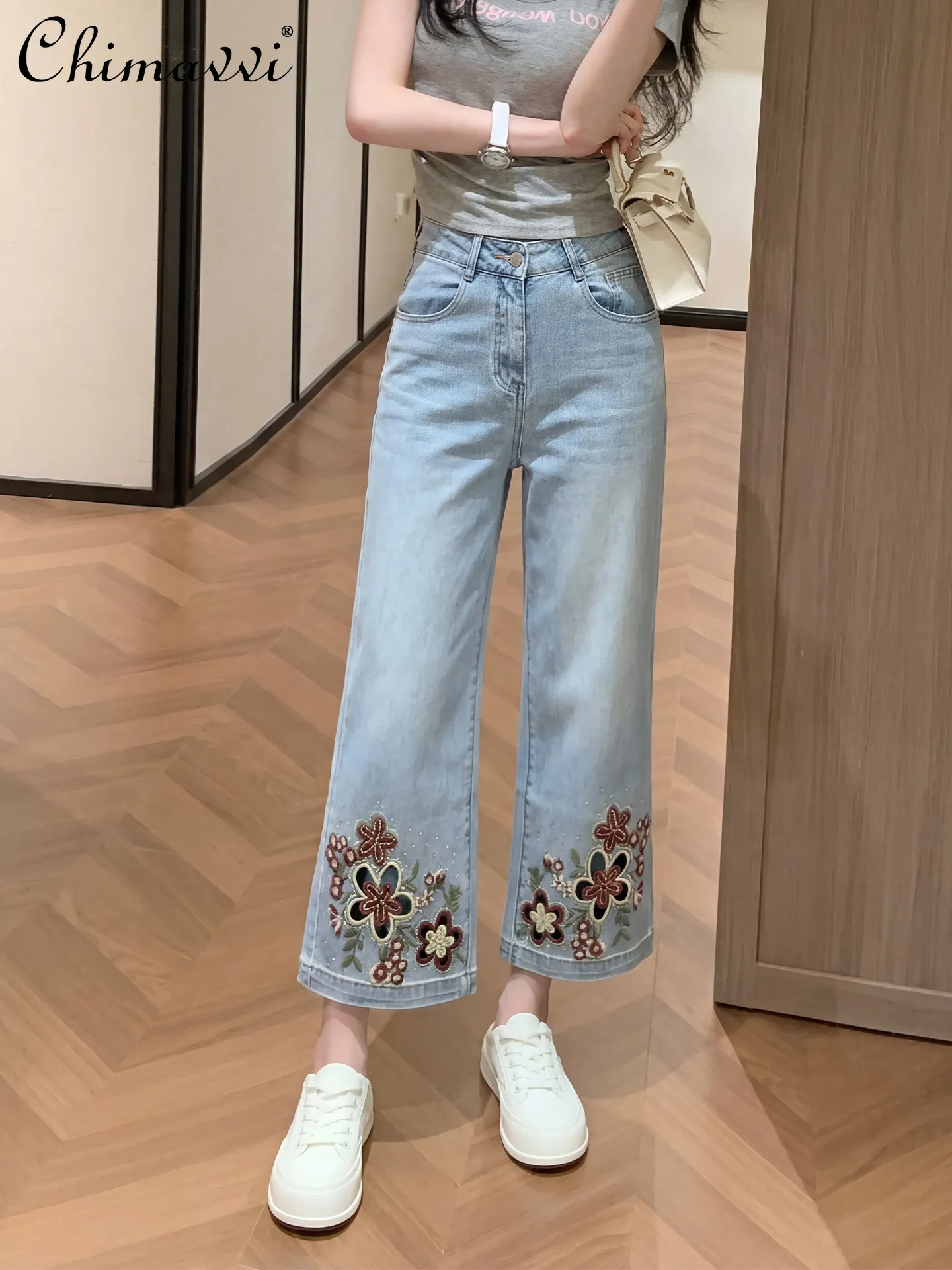 

Heavy Embroidered Hot Diamond Jeans Women's Straight-leg Pants Summer Thin High Waist Slimming Retro Cut Out Eight-quarter Pants
