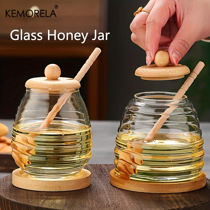 1PCS Glass Sugar Jar with Wooden Lid, SugarJar with Spoon And Wooden Coaster - High Borosilicate Sugar Jar, Wide Mouth Syrup