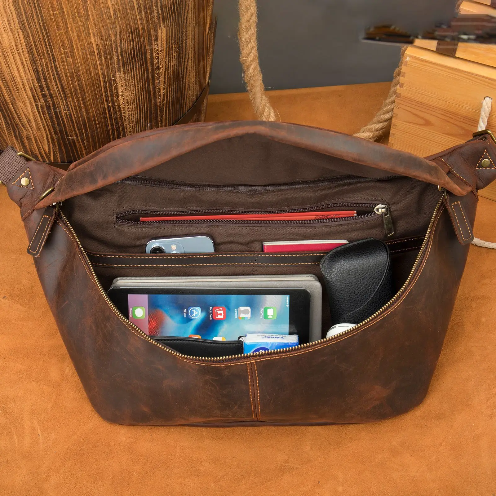 Oversized Crazy Horse Leather Bag - Vintage Men's Crossbody Chest Pack, Large Capacity Shoulder Bag for Travel & Daily