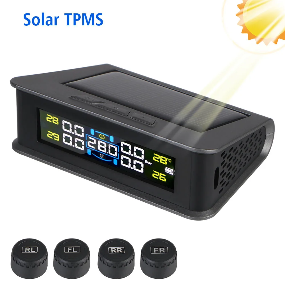 

Car TPMS Auto Security Alarm Systems Tire Pressure Monitoring System Solar/USB Powered Digital LCD Display