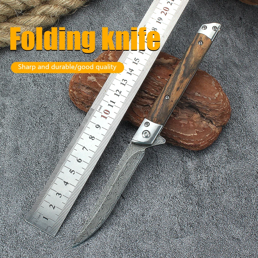 Portable Damascus Pattern Carry Pocket Knife Survival Knife Wooden Handle Folding Knife Outdoor Folding Knife