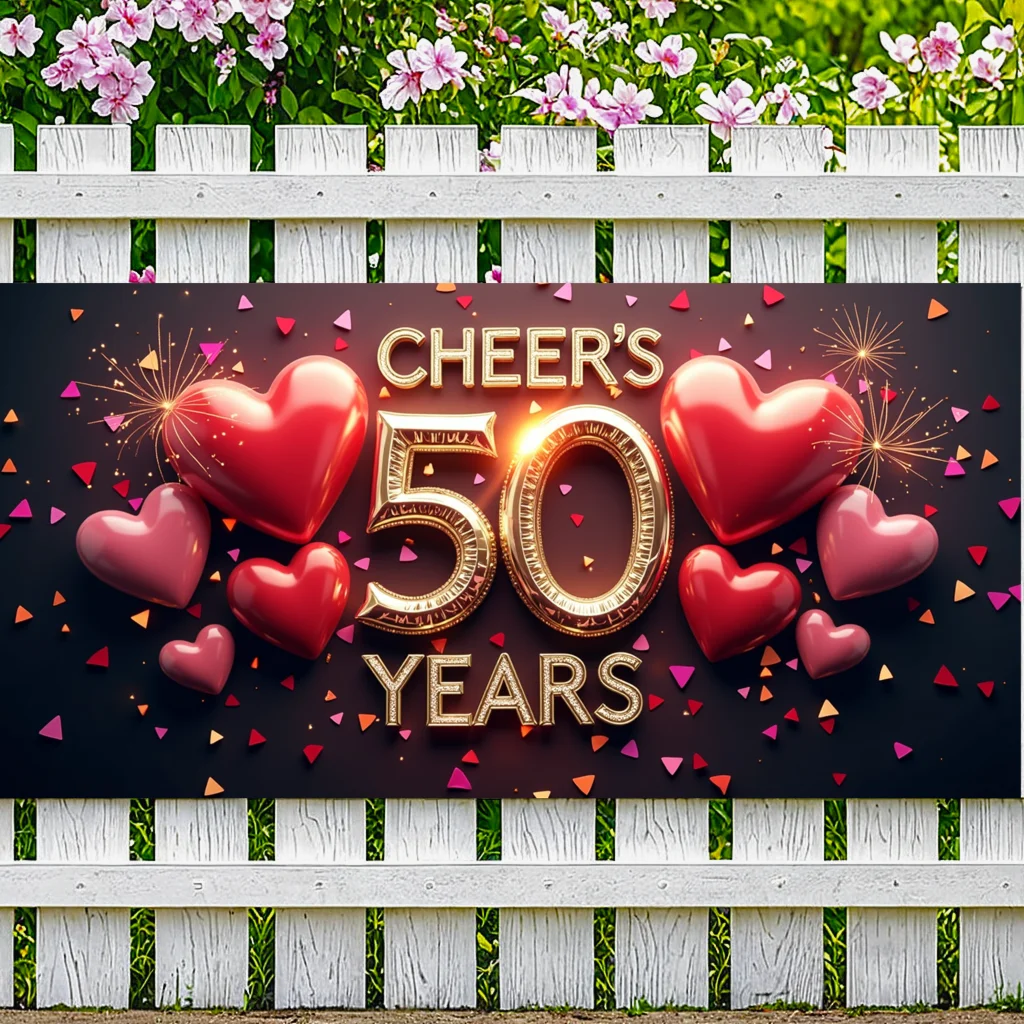 Cheers to 50 Years Anniversary Banner Gold Hearts Confetti Backdrop Decoration Celebration Background Party Props Decors