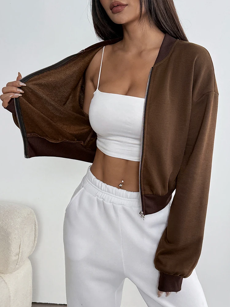 Podzimní nová dámská bunda, kabát, topy, streetwear, módní velbloudí bunda s dlouhým rukávem, zipy, dámská ležérní štíhlá všestranná bunda - náhled 3