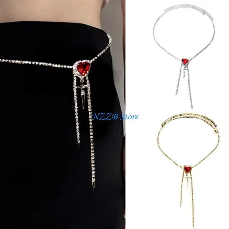 

T21F Woman Waist Chain Body Chain with Diamond Heart Pendant Hot Day Woman Jewelry