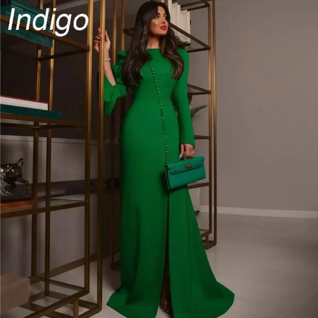 Indigo Saudi Arabia Evening Dresses O Neck Long Sleeves High Side Slit Women Elegant Formal Party Business Dress فساتين السهرة