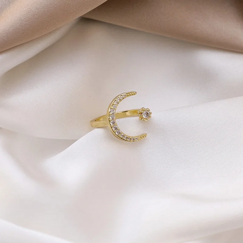 Brass Moon Star Open Ring for Women 14K Gold Plated Cubic Zirconia Statement Jewelry for Daily Wear and Gifting 2026 New Style