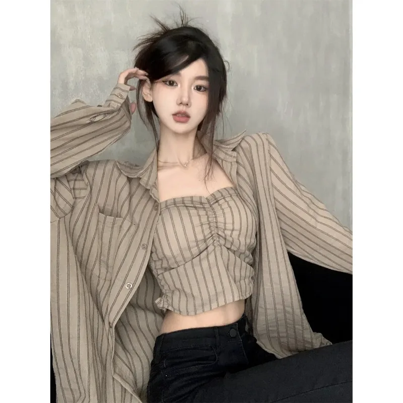 

Korean Style Pleated Lapel Long-sleeved Fashion Suit Autumn Loose Design Striped Tube Top Lapel Long-sleeved Shirt