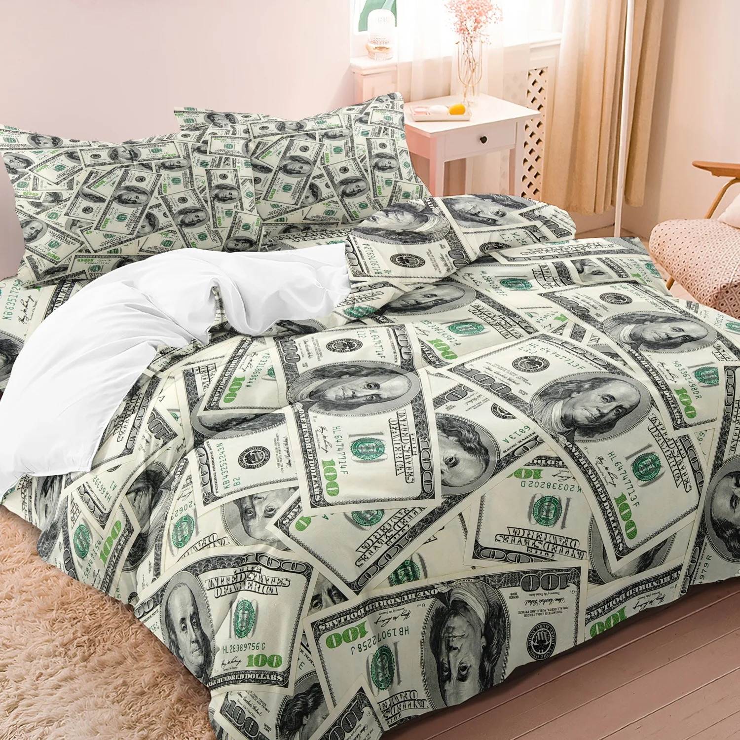Money Pattern Bedding Set, 3 Counts (Including 1 Count Duvet Cover & 2 Counts Pillowcases,No Core） Soft Comfortable Bedding Set