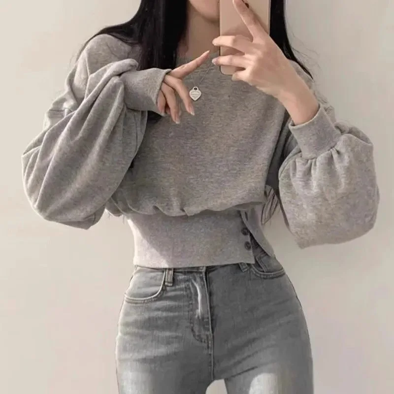 Fall South Korea Niche Design round Neck Buckle Waist-Controlled Slimming Long Sleeve Sweater Small Sweater Short Top for Women