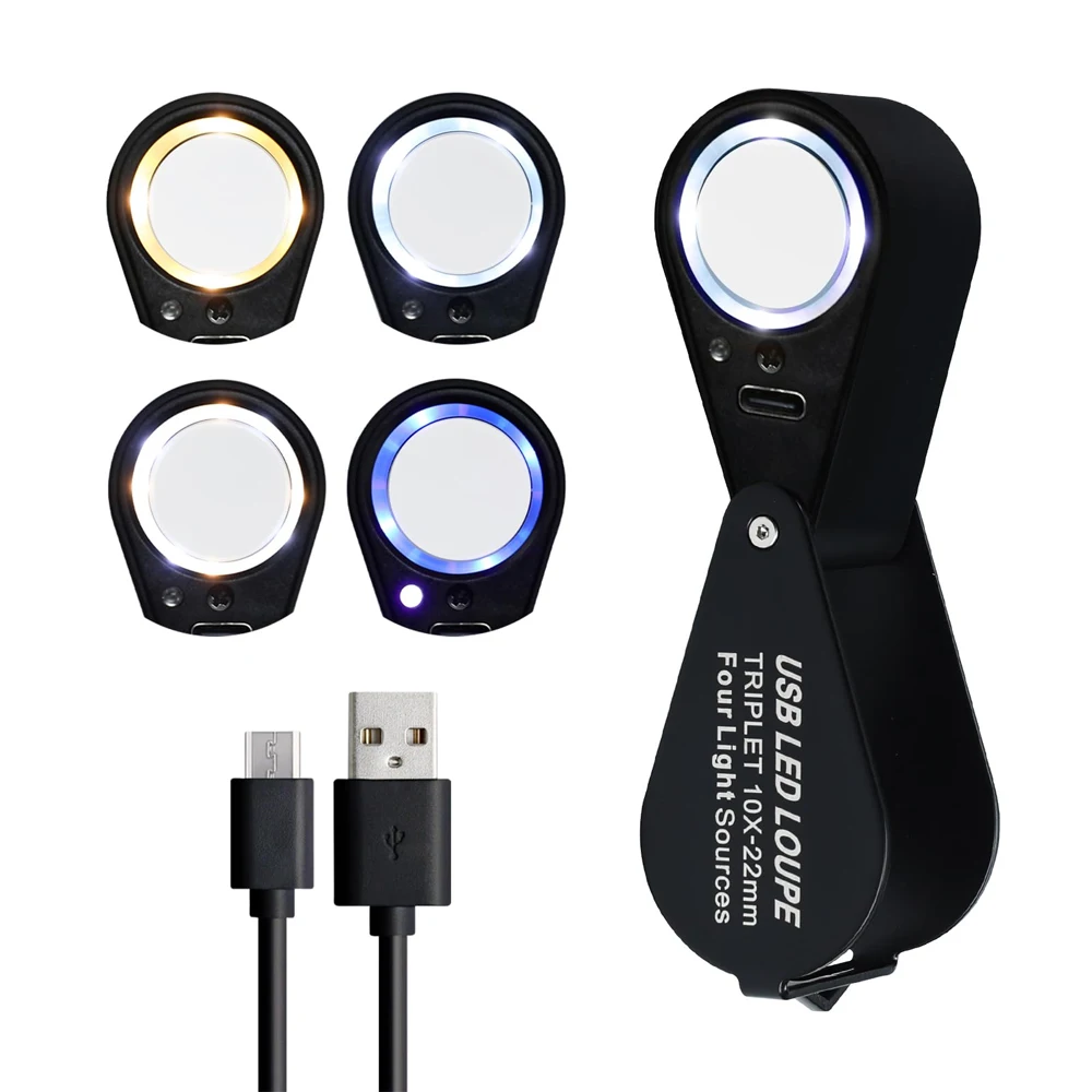 Lente d'ingrandimento per gioiellieri 10X 20X 30X con luci UV e LED con quattro modalità di luce Lente d'ingrandimento per gioielli pieghevole tascabile portatile