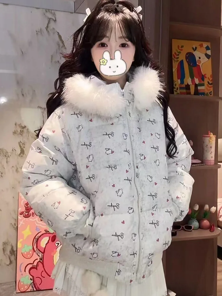 

Winter Women Cute Cartoon Parkas Vintage Long Sleeve Warm Preppy Style Puffy Coat Korean Casual Female Kawaii Hooded Jacket New