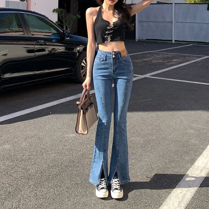

Bootcut Jeans Woman High Waist Women Adjustable Holed Vibe American Embroidered Hollowed Show Boyfriend Buttons Front Warm Girls
