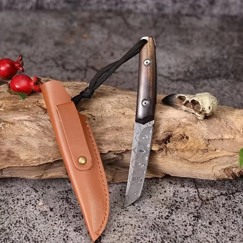 The new Damascus steel outdoor knife, portable EDC pocket knife with scabbard, is suitable for outdoor camping and travel