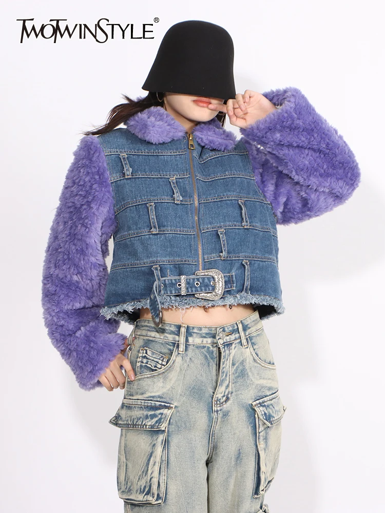 

TWOTWINSTYLE Colorblock Patchwork Lambswool Denim Coat For Women Lapel Long Sleeve Spliced Belt Casual Parkas Female Fashion New