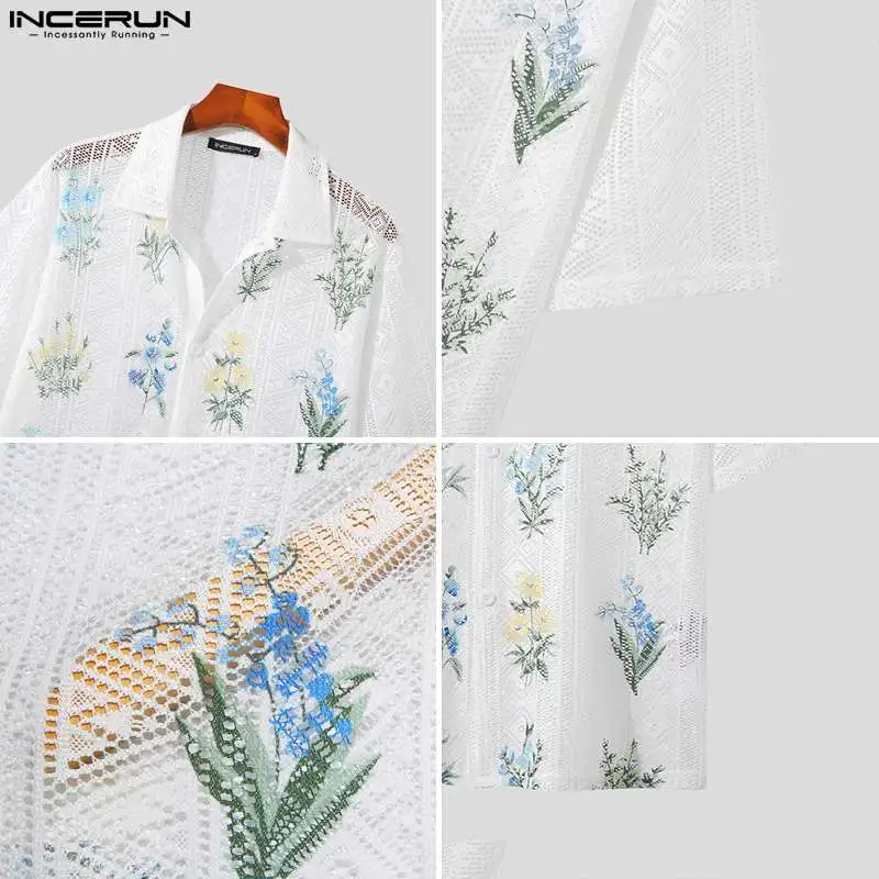 2023 Fashion Men Shirt Printing Mesh Hollow Out See Through Lapel Short Sleeve Men Clothing Streetwear Casual Camisas INCERUN