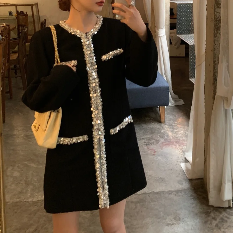 Women Spring French Small Fragrance Black Dress High Quality Long Sleeve O Neck Beaded Sequins Fashion Elegant Tweed Short Dress