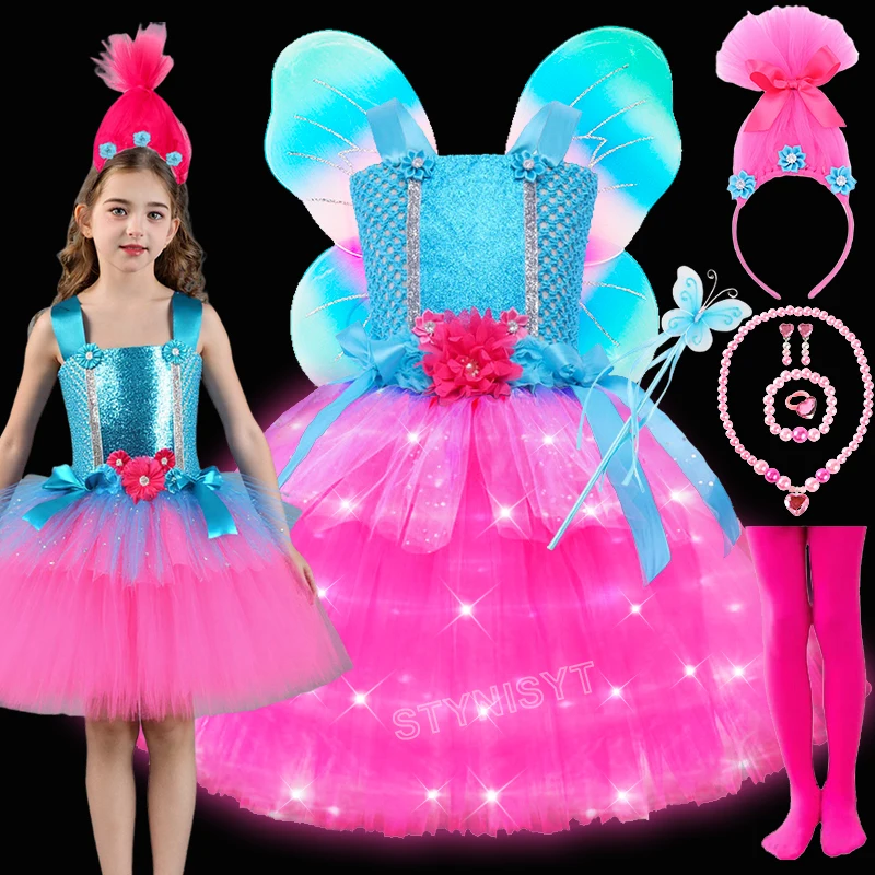 Trolls Poppy LED Light Up Tutu Dresses Princess Dress Magic Elves Cosplay Girls Birthday Party Fancy Clothes Halloween Costume