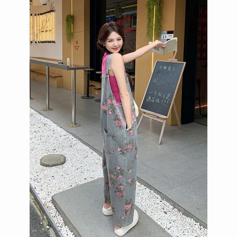 Women Summer Denim Overalls Wide-leg Pants Suit Retro Printed Trendy Loose-fitting New Minimalist Comfortable Stylish Niche Chic