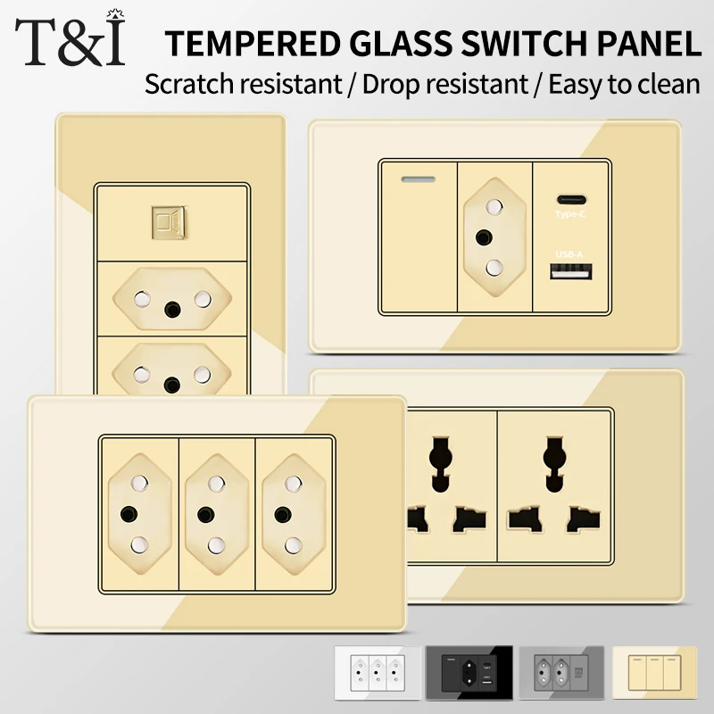 

T&I Tempered Glass Panel Design Wall Socket, Brazil Standard Type - C USB & 3gang Wall Switch for Decorative Outlets