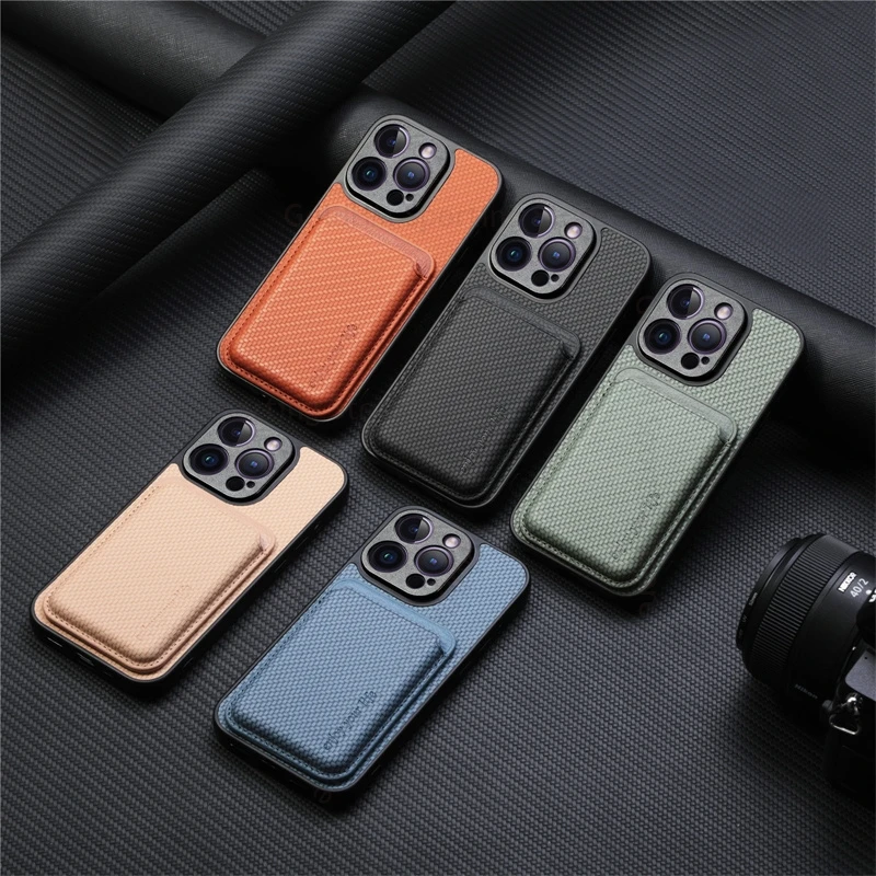 For Magsafe Split Wallet Card Magnet Case For iPhone 17 Pro Max Leather Carbon Fiber Phone Cover For Apple 16 E 14 15 17 Pro Max