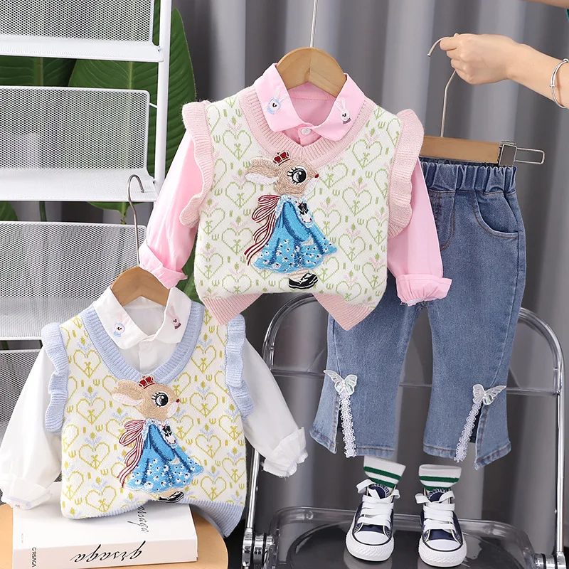 Girls' Knitted Vest Set 2024 New Woolen Vest+Shirt+Cowboy Flare Pants girls clothes Loose Soft Fashion All-match suit