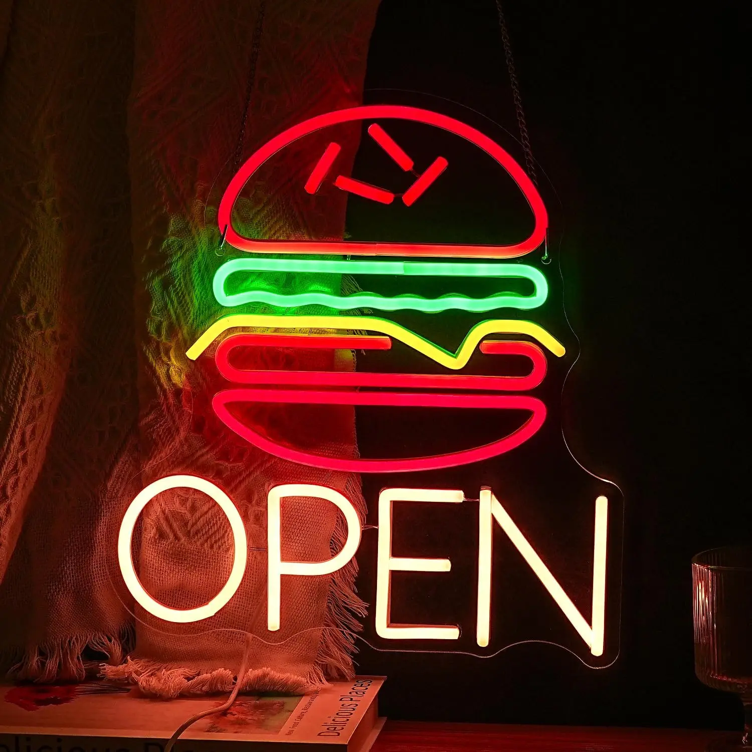 Hamburg Open Neon Sign Dimmable Led Open Sign Burger Sign Wall Decor for Fast Food Bar Kitchen Restaurant Food Neon Light