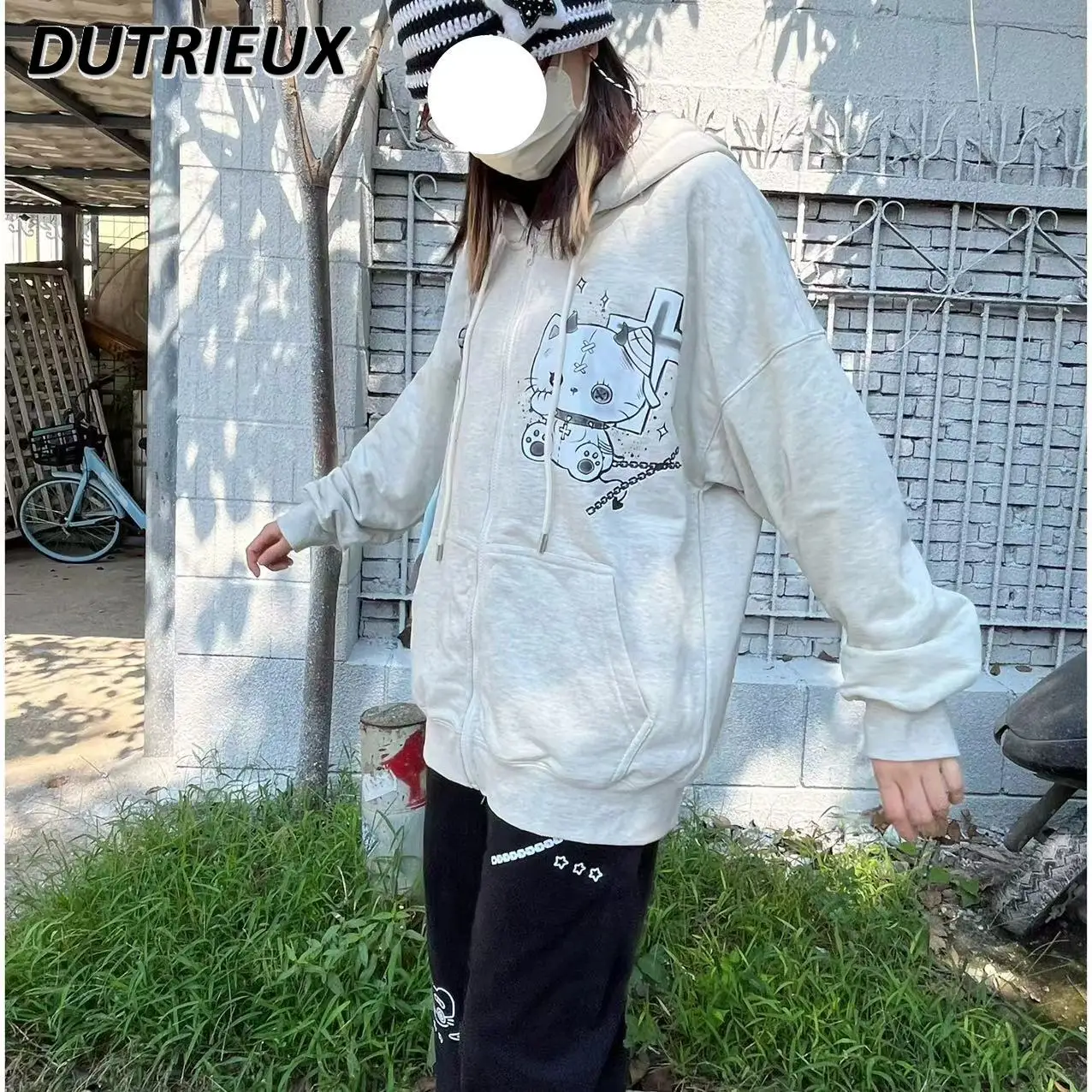 Cartoon Print Long-sleeved Sweet Girl Sweatshirt Cardigan Zipper Terry Spring and Autumn Versatile Student Hooded Jacket