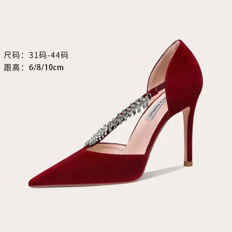 Spring and summer new pointy red suede rhinestones with sandals thin high heels banquet dress large small women's single shoes