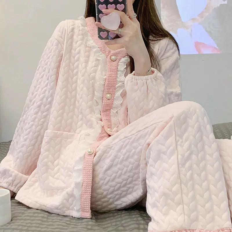 Women Air Cotton Confinement Clothing Autumn Winter Postpartum Nursing Pajamas Female Simple Thickened Warm Homewear Two-Piece