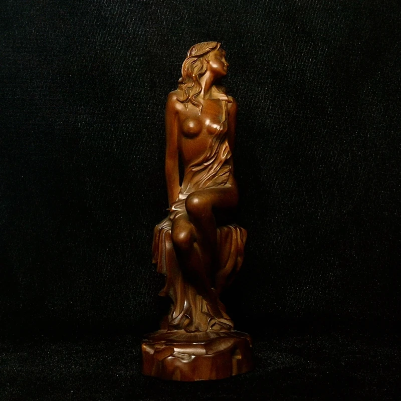 YIZHU CULTUER ART chinese boxwood Hand carved sexy girl figure statue table deco decoration gift collectable H 6.2 inch