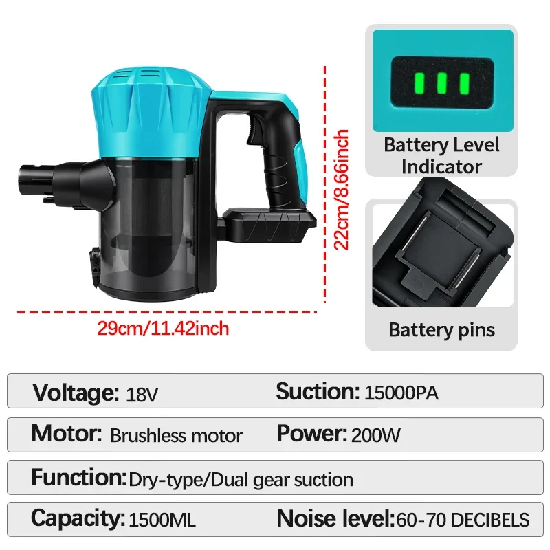 15kpa Cordless Electric Vacuum Cleaner 1.5l Portable Powerful Suction Sofa Floor Car Cleaning Tools for Makita 18v Battery Pin