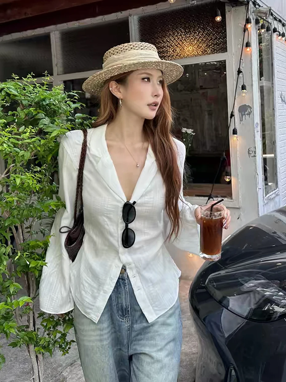 

White Linen Shirt Women Long Sleeve Summer V-Neck Waist Cinched Pleated Texture Thin Short Top Korean Style Commute Fashion
