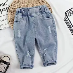 Boys Girls Denim Ripped Jeans Spring Autumn Boys Girls Denim Jeans Korean Fashion Kids Trousers Toddler Casual Loose Pants 2024