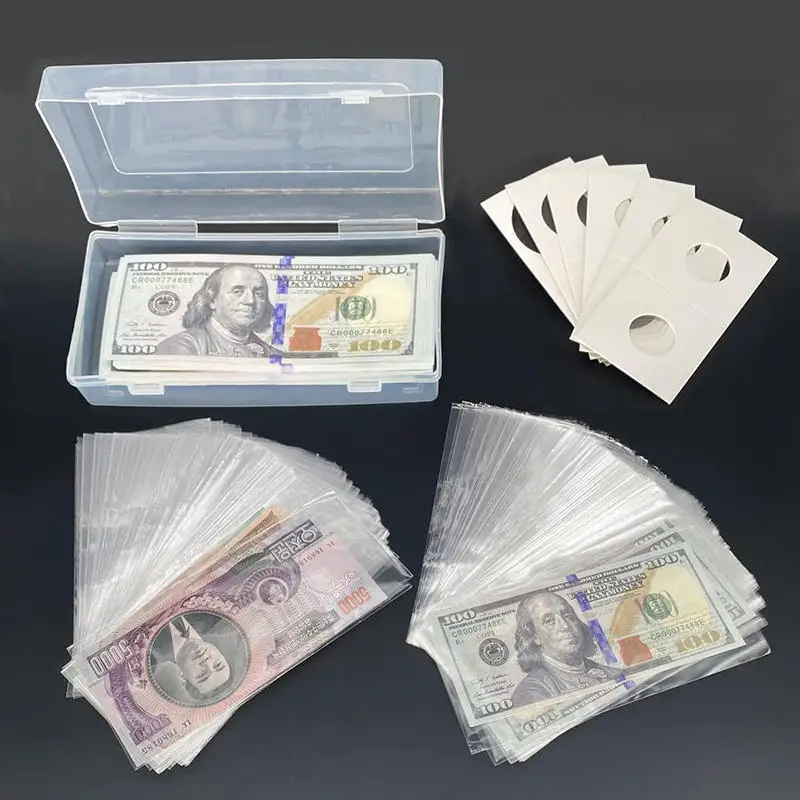 1set Paper Money Album Banknote Case 100pcs PP Storage Bag Collection Box Display Holder Plastic Box With Storage Bags